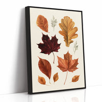 Gold Keeps Its Shape, a cluster of pressed autumn leaves in rust, maroon and gold on a cream ground, drawn in a botanical journal style, as a framed canvas in a black frame