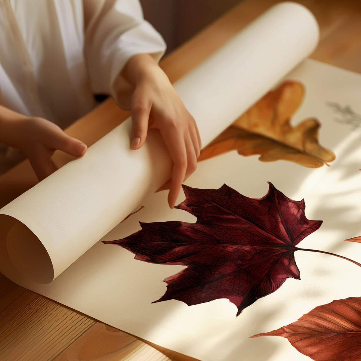 Gold Keeps Its Shape, a cluster of pressed autumn leaves in rust, maroon and gold on a cream ground, drawn in a botanical journal style, as a matte poster, unframed