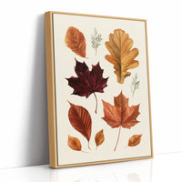 Gold Keeps Its Shape, a cluster of pressed autumn leaves in rust, maroon and gold on a cream ground, drawn in a botanical journal style, as a framed canvas in a natural wood frame
