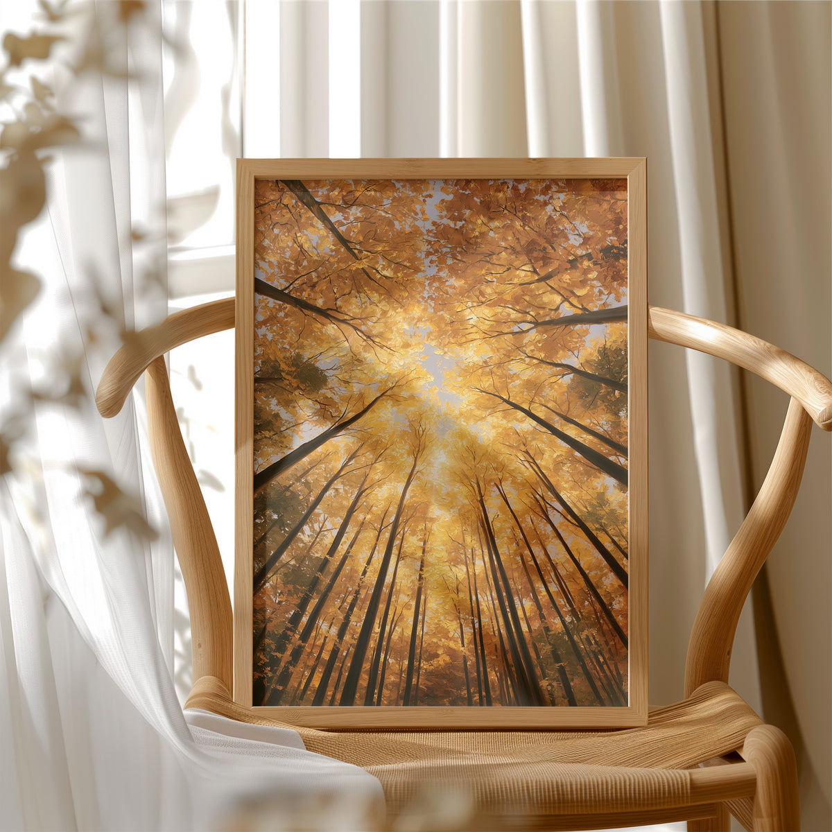 Gold Light Climbs the Tall Trees, a view straight up through tall forest trunks to a canopy lit gold from within, with shafts of warm light falling through the leaves, in amber, deep gold and forest brown, in a wood frame beside a wicker chair by a sunny window