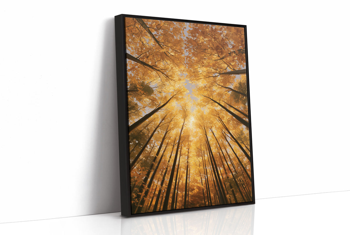 Gold Light Climbs the Tall Trees, a view straight up through tall forest trunks to a canopy lit gold from within, with shafts of warm light falling through the leaves, in amber, deep gold and forest brown, as a framed canvas in a black frame