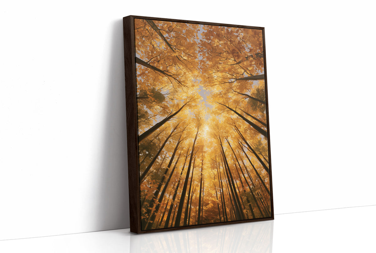 Gold Light Climbs the Tall Trees, a view straight up through tall forest trunks to a canopy lit gold from within, with shafts of warm light falling through the leaves, in amber, deep gold and forest brown, as a framed canvas in a brown frame