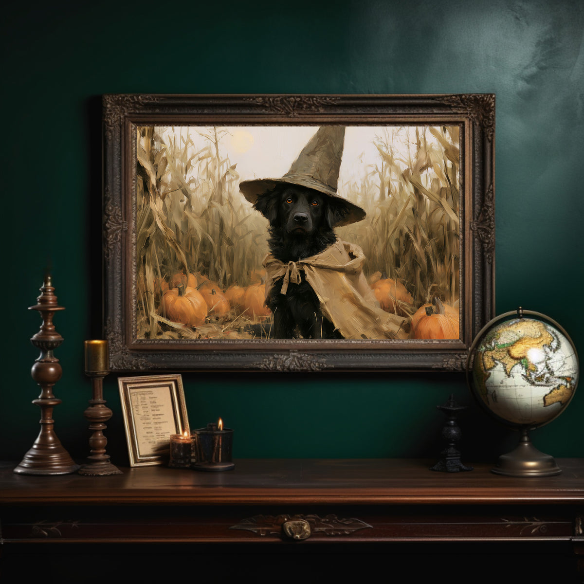 Good Boy, Bad Spell, black dog in a witch hat in a pumpkin patch painting, in an ornate dark frame on a deep green wall above a mantel with a globe and candles