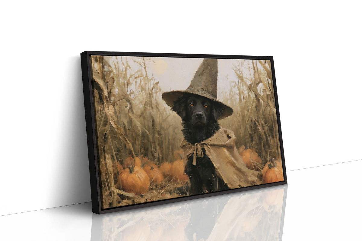Good Boy, Bad Spell, black dog in a witch hat in a pumpkin patch painting, as a framed canvas in a black frame