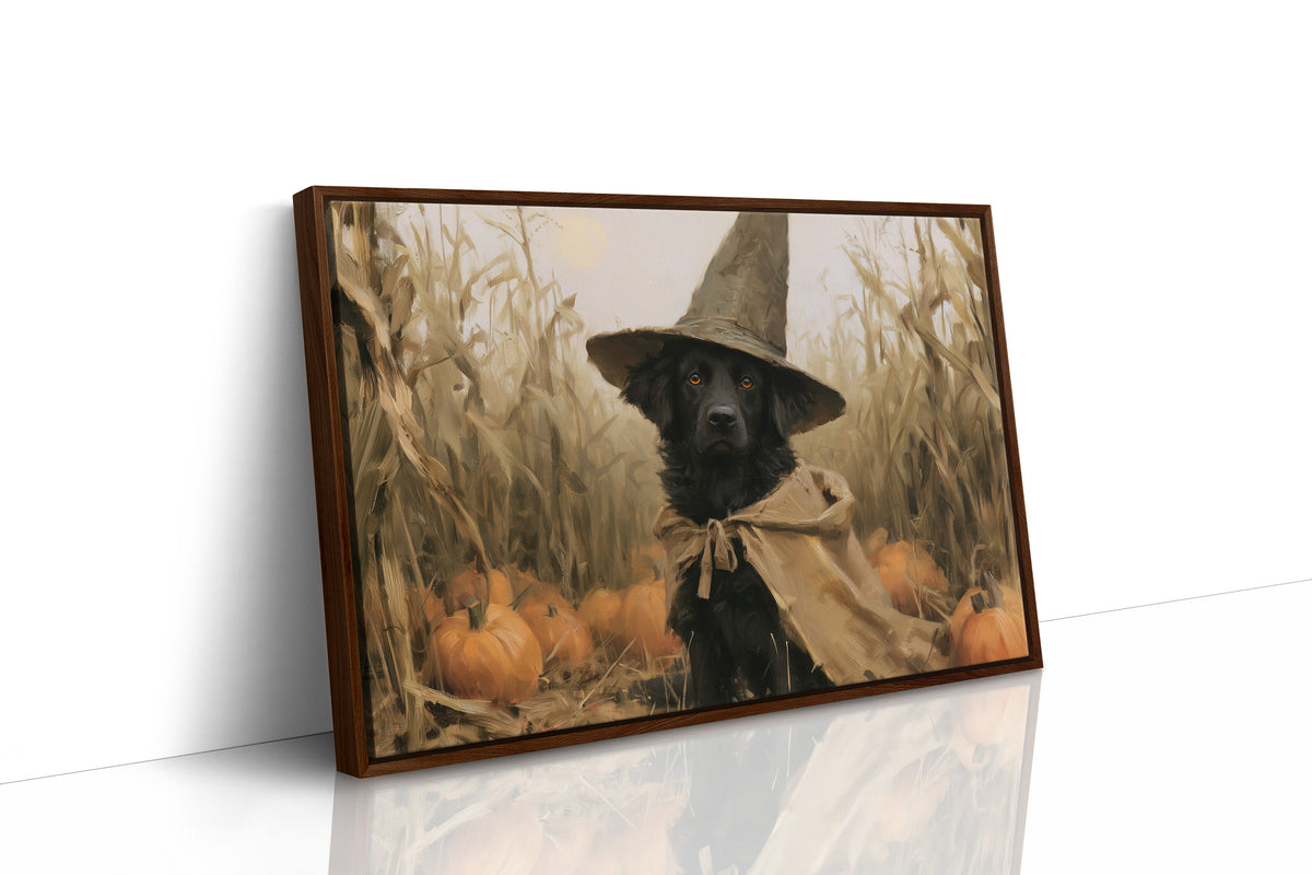 Good Boy, Bad Spell, black dog in a witch hat in a pumpkin patch painting, as a framed canvas in a brown frame