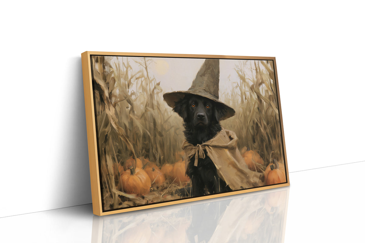 Good Boy, Bad Spell, black dog in a witch hat in a pumpkin patch painting, as a framed canvas in a natural wood frame