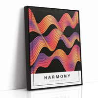 Harmony in Ember and Plum, rolling wavy bands of orange, magenta, violet and gold in fine contour lines on a deep black ground, with the word HARMONY in spaced black capitals on a cream label at the base, as a framed canvas in a black frame