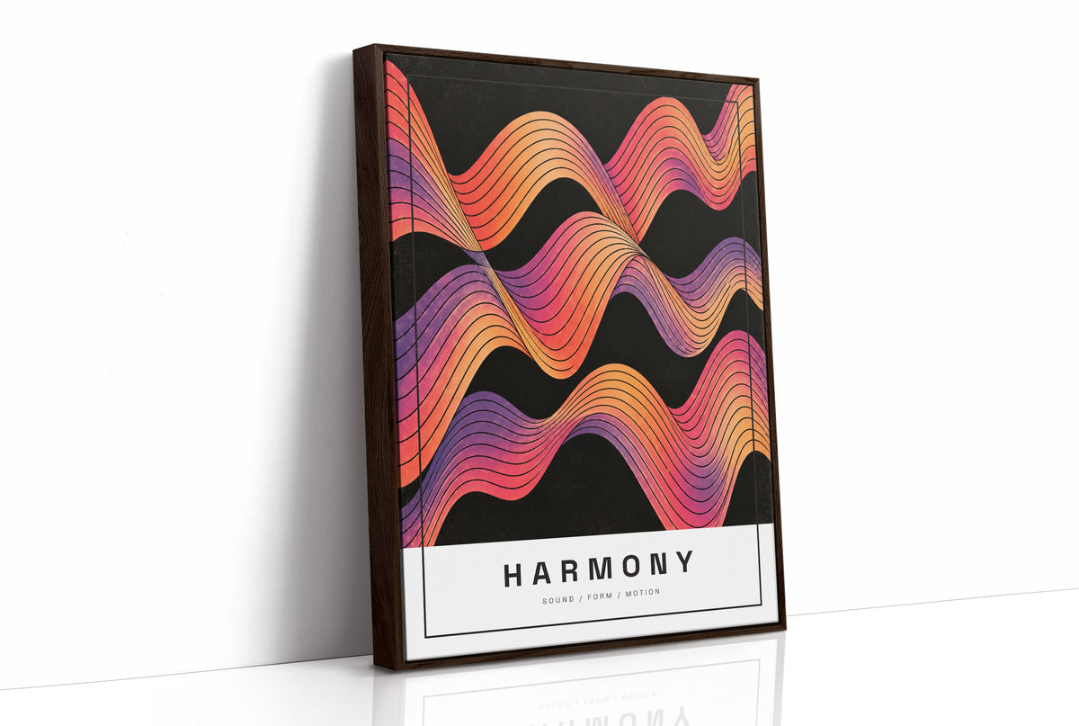 Harmony in Ember and Plum, rolling wavy bands of orange, magenta, violet and gold in fine contour lines on a deep black ground, with the word HARMONY in spaced black capitals on a cream label at the base, as a framed canvas in a brown frame