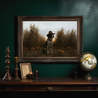 He Guards the Corn Until Dusk, a spotted dog wearing a cowboy hat, sitting in a cornfield among pumpkins under a pale gray evening sky, in an ornate dark frame on a deep green wall above a mantel with a globe and candles