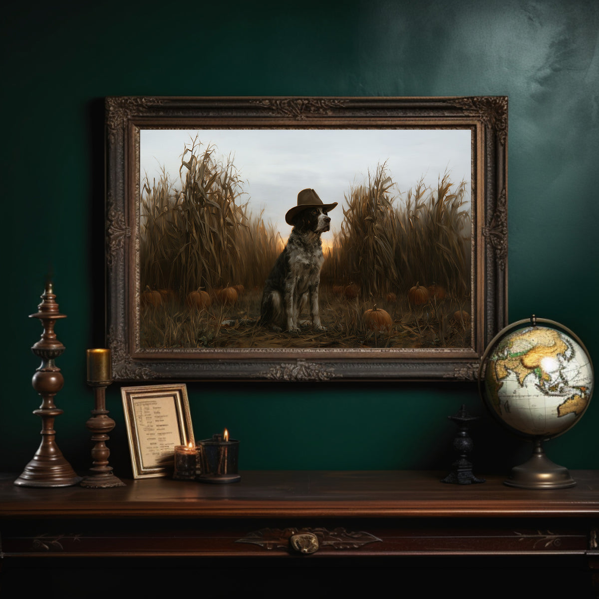 He Guards the Corn Until Dusk, a spotted dog wearing a cowboy hat, sitting in a cornfield among pumpkins under a pale gray evening sky, in an ornate dark frame on a deep green wall above a mantel with a globe and candles