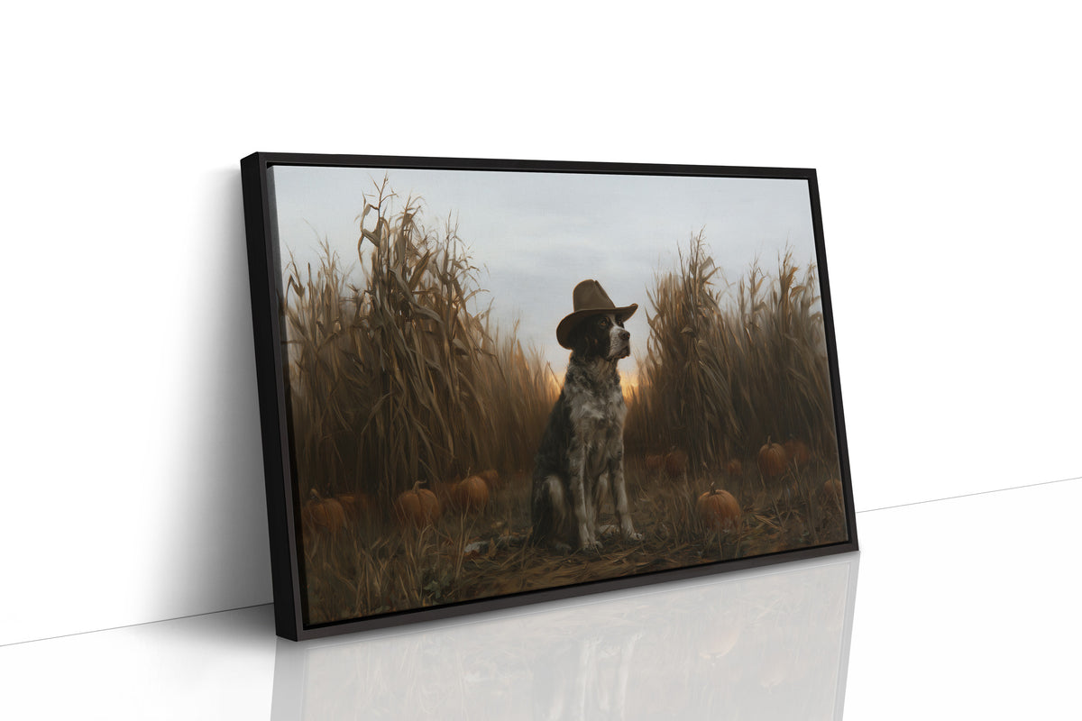 He Guards the Corn Until Dusk, a spotted dog wearing a cowboy hat, sitting in a cornfield among pumpkins under a pale gray evening sky, as a framed canvas in a black frame