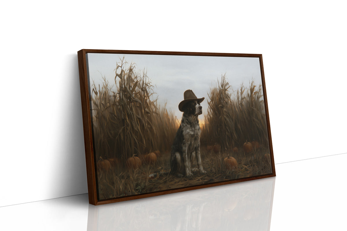 He Guards the Corn Until Dusk, a spotted dog wearing a cowboy hat, sitting in a cornfield among pumpkins under a pale gray evening sky, as a framed canvas in a brown frame