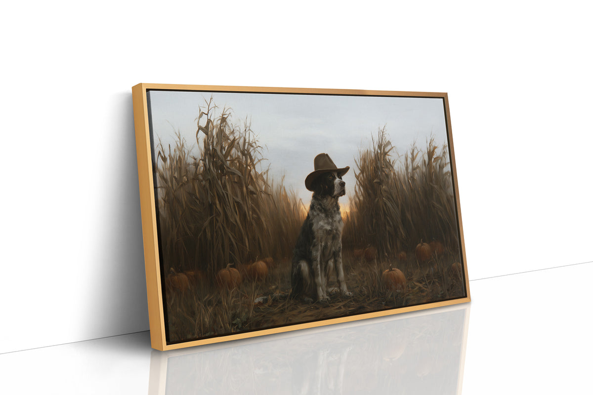 He Guards the Corn Until Dusk, a spotted dog wearing a cowboy hat, sitting in a cornfield among pumpkins under a pale gray evening sky, as a framed canvas in a natural wood frame