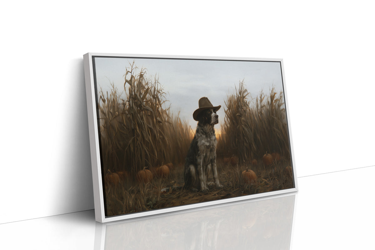 He Guards the Corn Until Dusk, a spotted dog wearing a cowboy hat, sitting in a cornfield among pumpkins under a pale gray evening sky, as a framed canvas in a white frame