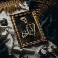 He Keeps His Arms Folded, a seated skeleton with crossed arms and bare ribs against a smoky charcoal ground, painted in bone, charcoal and ash gray, in an ornate frame on silk cloth beside ferns and a brass compass