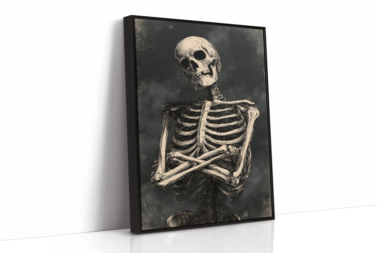 He Keeps His Arms Folded, a seated skeleton with crossed arms and bare ribs against a smoky charcoal ground, painted in bone, charcoal and ash gray, as a framed canvas in a black frame