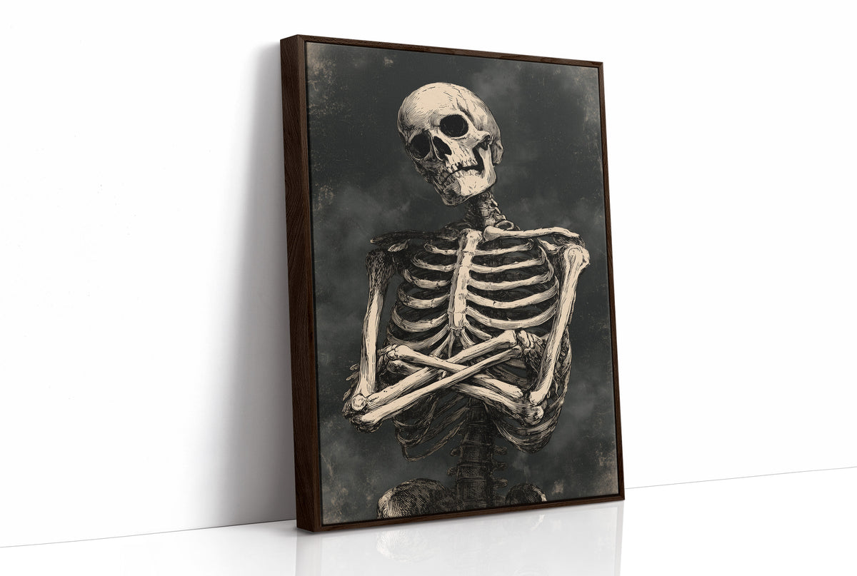 He Keeps His Arms Folded, a seated skeleton with crossed arms and bare ribs against a smoky charcoal ground, painted in bone, charcoal and ash gray, as a framed canvas in a brown frame