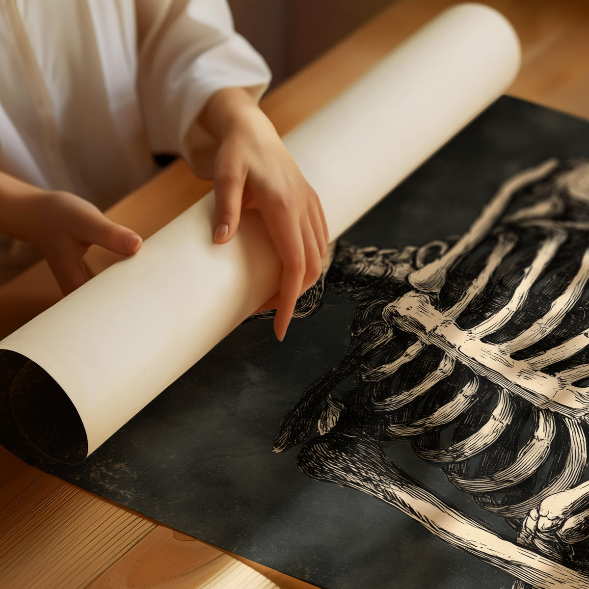 He Keeps His Arms Folded, a seated skeleton with crossed arms and bare ribs against a smoky charcoal ground, painted in bone, charcoal and ash gray, as a matte poster, unframed