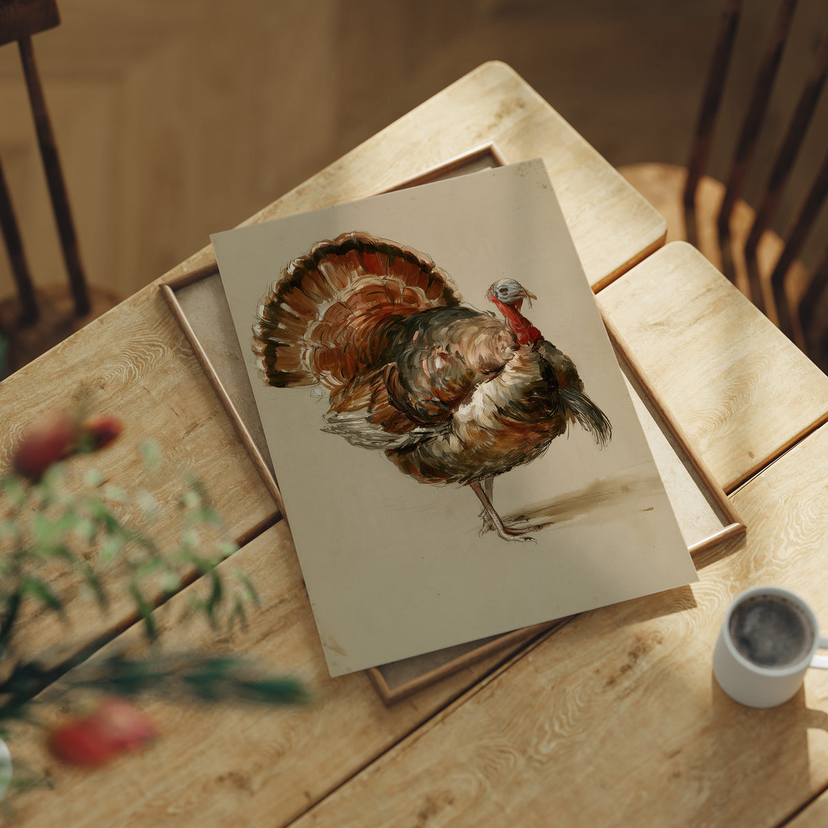 He Keeps His Feathers Open, a vintage painting of a wild turkey standing on a warm taupe ground, with rust, bronze and umber plumage and a tail half raised, lying flat on a light wood table beside a coffee cup and red berries