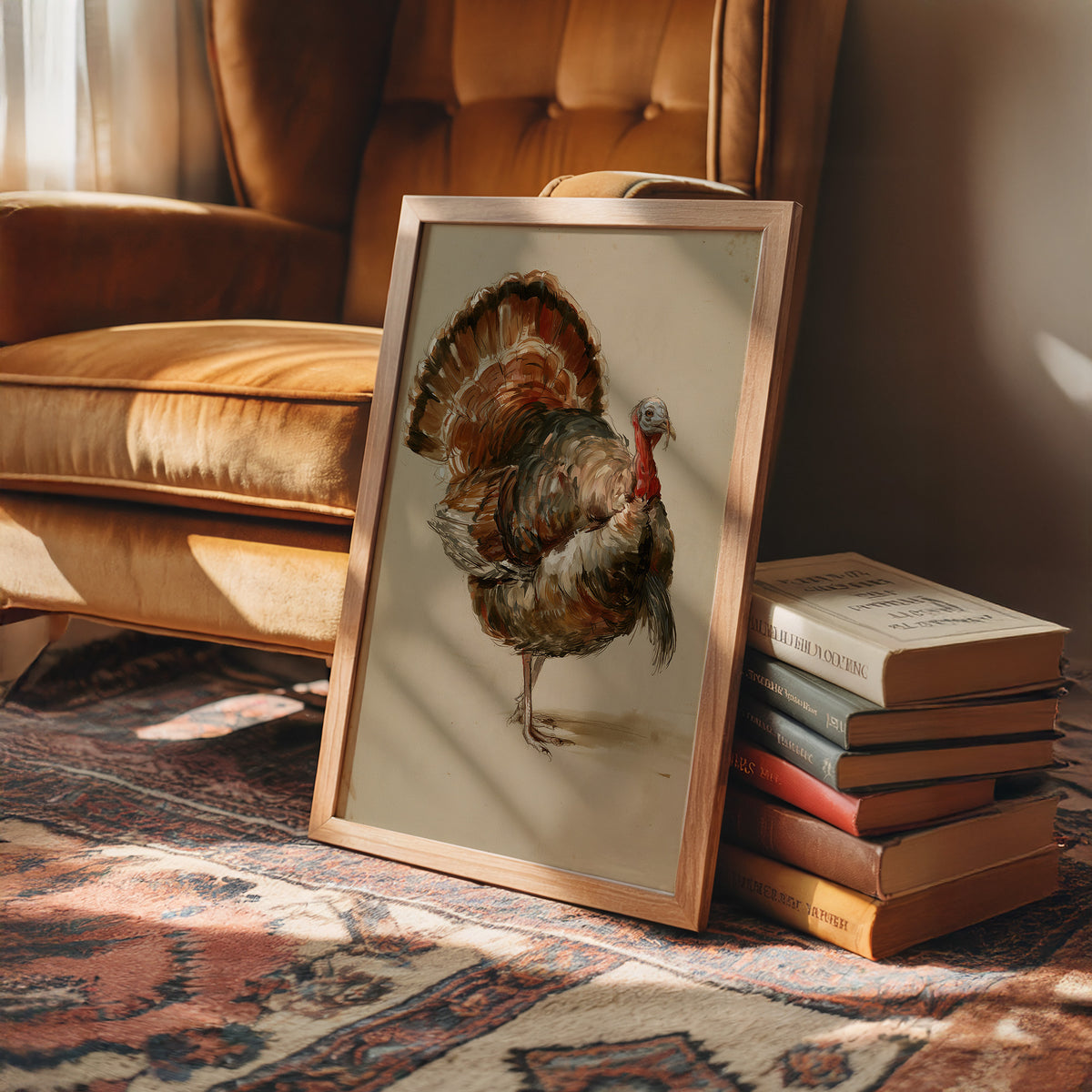He Keeps His Feathers Open, a vintage painting of a wild turkey standing on a warm taupe ground, with rust, bronze and umber plumage and a tail half raised, in a wood frame on a rug beside a leather armchair and a stack of books