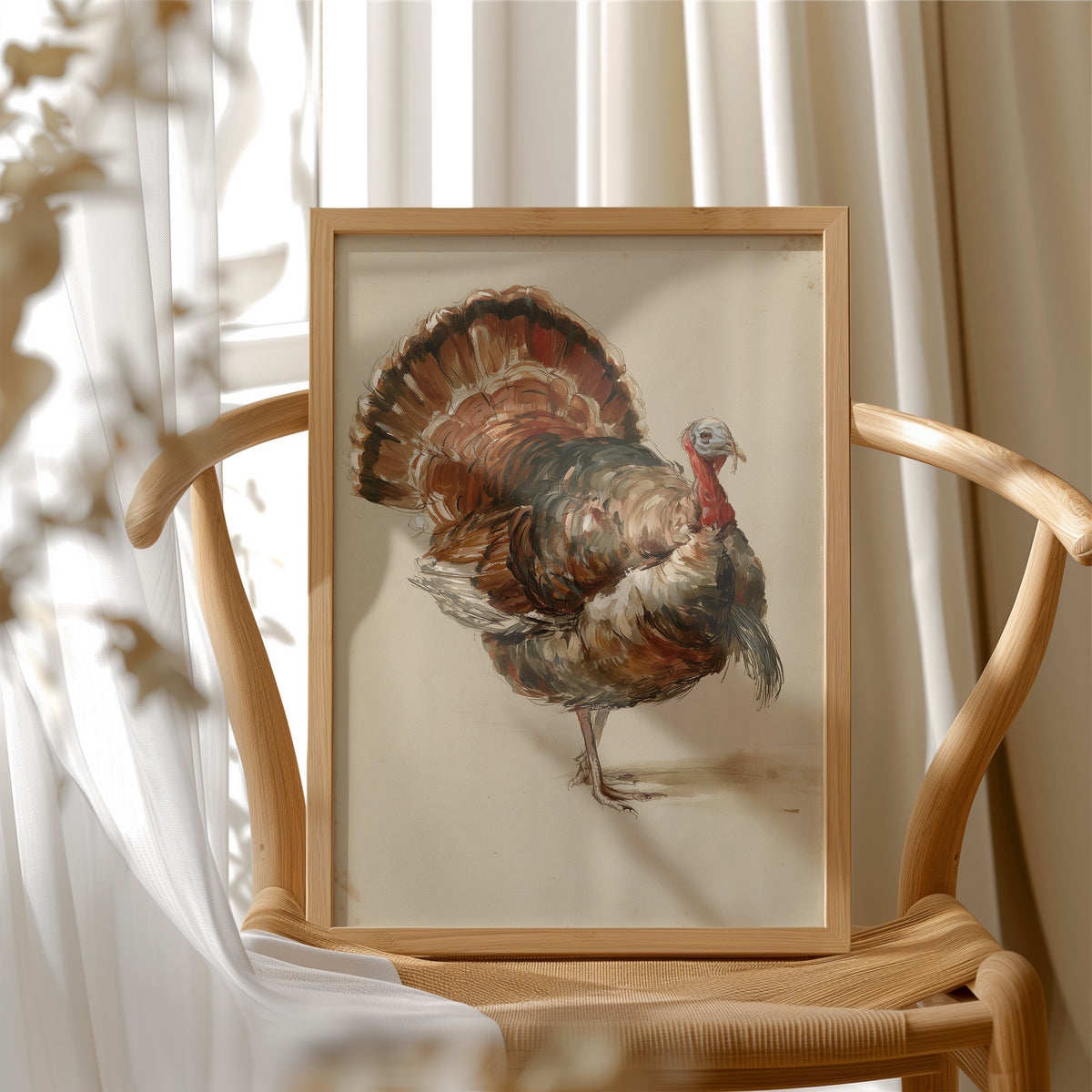 He Keeps His Feathers Open, a vintage painting of a wild turkey standing on a warm taupe ground, with rust, bronze and umber plumage and a tail half raised, in a wood frame beside a wicker chair by a sunny window