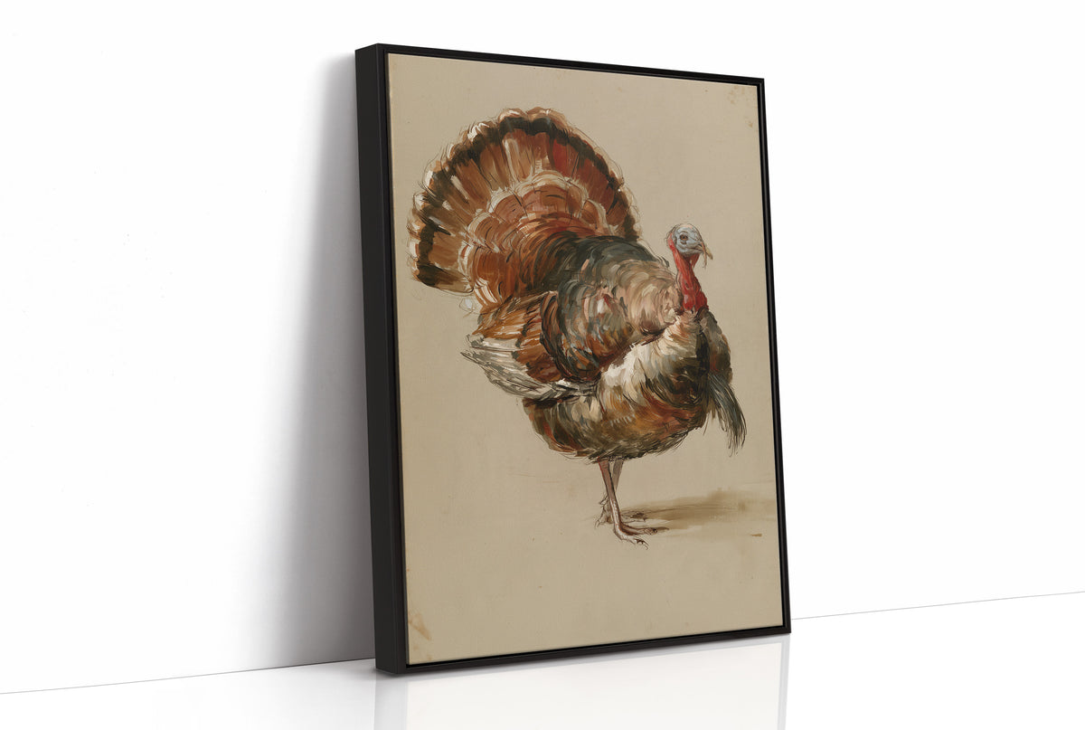 He Keeps His Feathers Open, a vintage painting of a wild turkey standing on a warm taupe ground, with rust, bronze and umber plumage and a tail half raised, as a framed canvas in a black frame