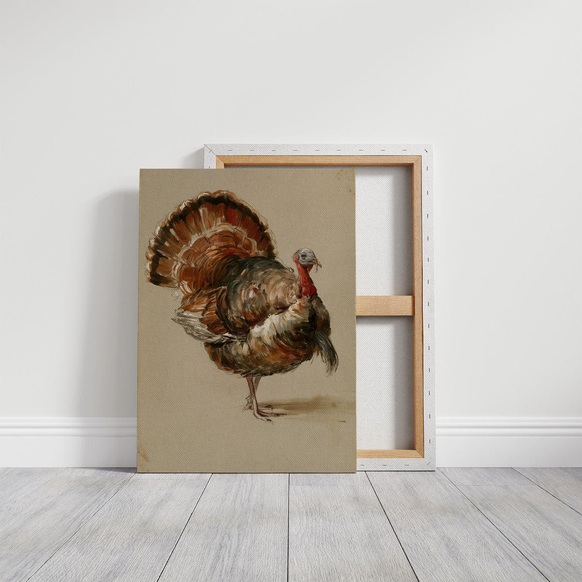 He Keeps His Feathers Open, a vintage painting of a wild turkey standing on a warm taupe ground, with rust, bronze and umber plumage and a tail half raised, on a gallery canvas with wrapped edges leaning against a white wall
