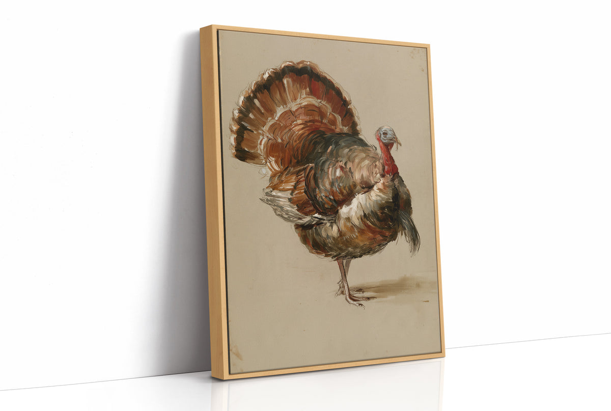 He Keeps His Feathers Open, a vintage painting of a wild turkey standing on a warm taupe ground, with rust, bronze and umber plumage and a tail half raised, as a framed canvas in a natural wood frame
