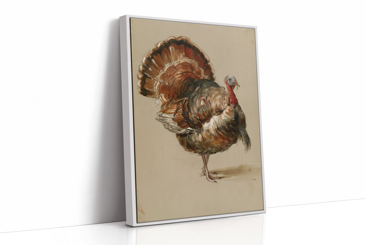 He Keeps His Feathers Open, a vintage painting of a wild turkey standing on a warm taupe ground, with rust, bronze and umber plumage and a tail half raised, as a framed canvas in a white frame