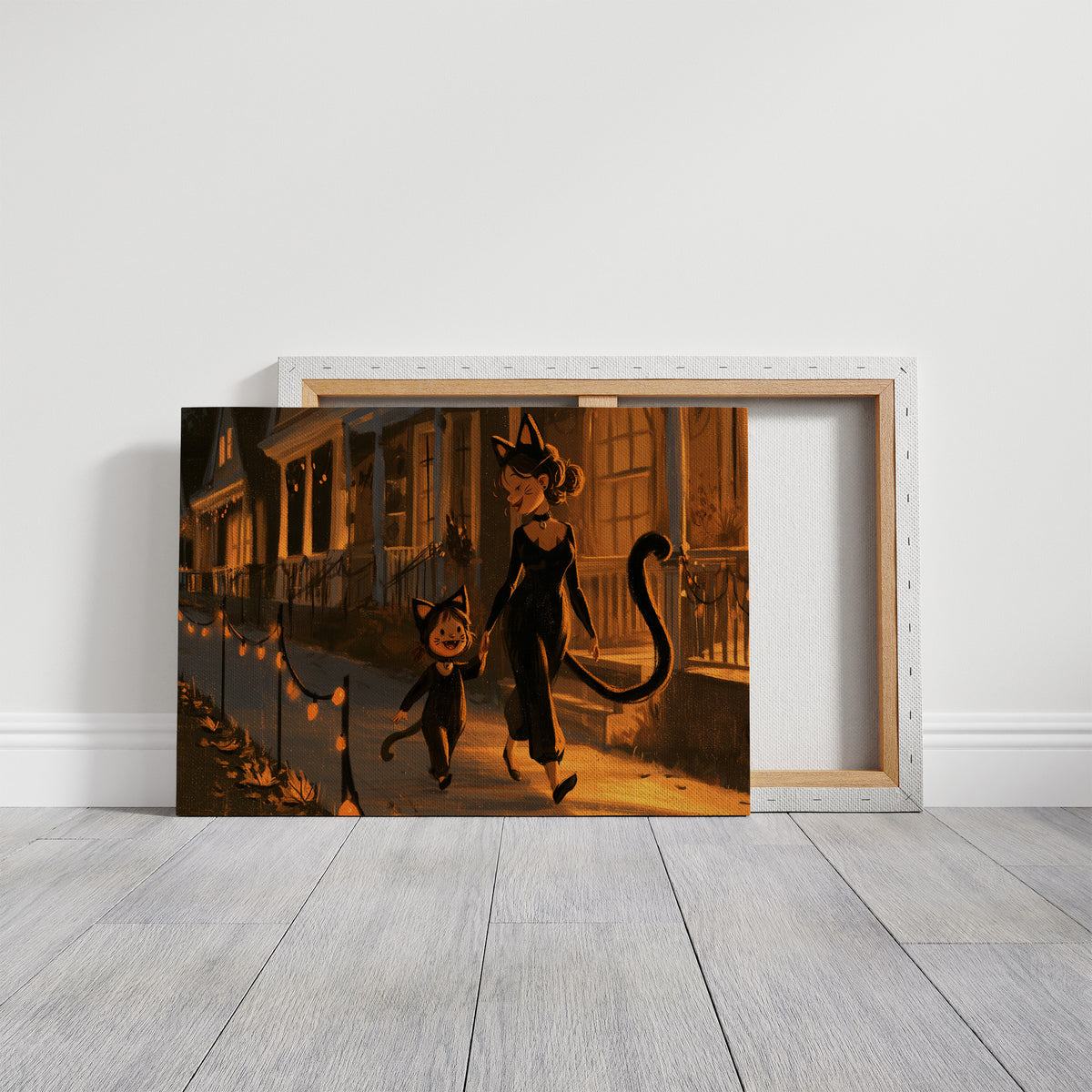 Her Familiar Leads the Way Home, witch with a black cat tail leading a child in a pumpkin hat down a glowing street painting, on a gallery canvas with wrapped edges leaning against a white wall