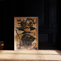 Her Lantern Face Keeps Watch, a witch in a tall pointed hat with a jack o lantern face, draped in a dark cloak with bats and curling vines, on a warm amber parchment ground, painted in ochre, charcoal and burnt orange, in a dark frame on a black paneled wall above a sunlit herringbone floor