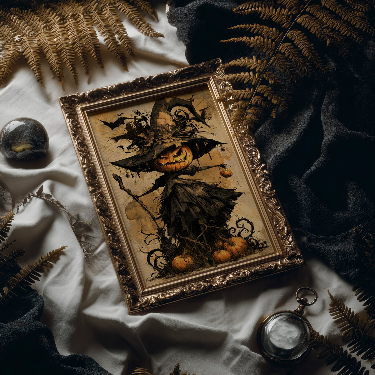 Her Lantern Face Keeps Watch, a witch in a tall pointed hat with a jack o lantern face, draped in a dark cloak with bats and curling vines, on a warm amber parchment ground, painted in ochre, charcoal and burnt orange, in an ornate frame on silk cloth beside ferns and a brass compass