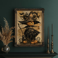 Her Lantern Face Keeps Watch, a witch in a tall pointed hat with a jack o lantern face, draped in a dark cloak with bats and curling vines, on a warm amber parchment ground, painted in ochre, charcoal and burnt orange, in an ornate gold frame on a deep green wall beside tall brass candlesticks