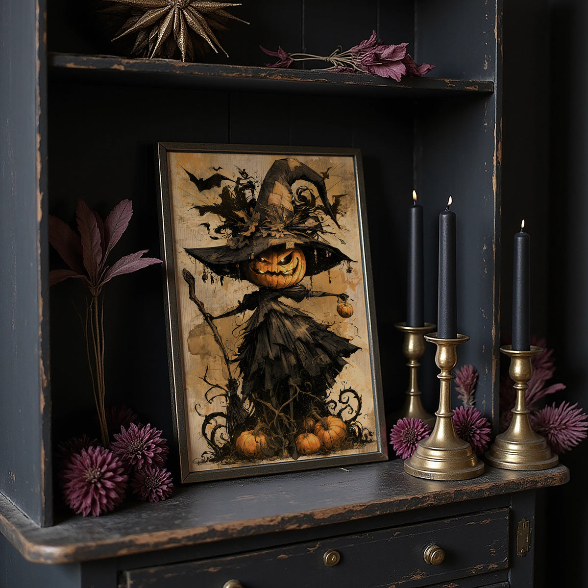 Her Lantern Face Keeps Watch, a witch in a tall pointed hat with a jack o lantern face, draped in a dark cloak with bats and curling vines, on a warm amber parchment ground, painted in ochre, charcoal and burnt orange, in a dark frame on a black shelf beside brass candles and dried leaves