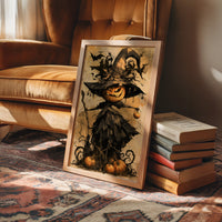 Her Lantern Face Keeps Watch, a witch in a tall pointed hat with a jack o lantern face, draped in a dark cloak with bats and curling vines, on a warm amber parchment ground, painted in ochre, charcoal and burnt orange, in a wood frame on a leather armchair beside a stack of books