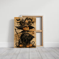 Her Lantern Face Keeps Watch, a witch in a tall pointed hat with a jack o lantern face, draped in a dark cloak with bats and curling vines, on a warm amber parchment ground, painted in ochre, charcoal and burnt orange, on a gallery canvas with wrapped edges leaning against a white wall