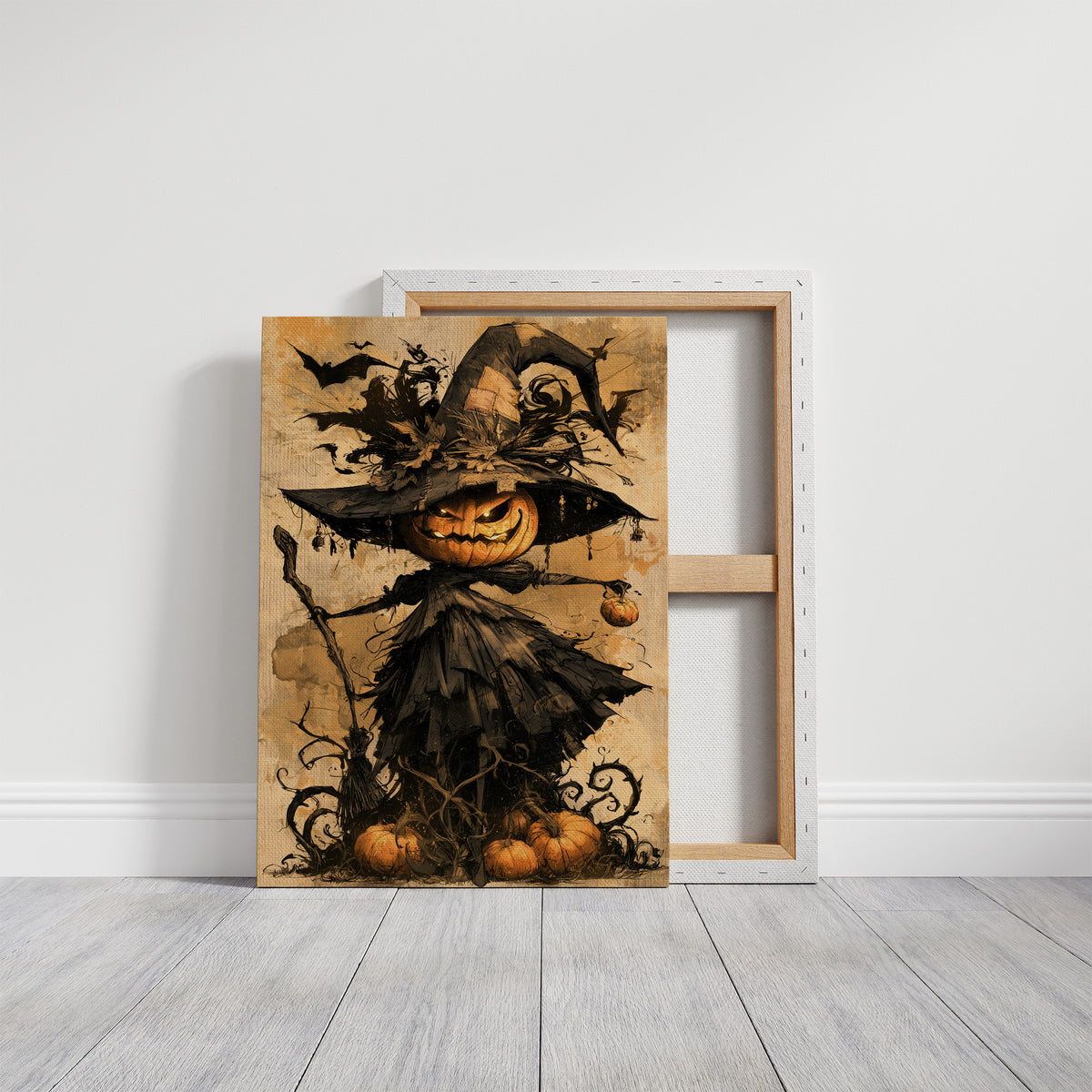 Her Lantern Face Keeps Watch, a witch in a tall pointed hat with a jack o lantern face, draped in a dark cloak with bats and curling vines, on a warm amber parchment ground, painted in ochre, charcoal and burnt orange, on a gallery canvas with wrapped edges leaning against a white wall