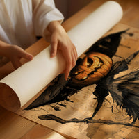 Her Lantern Face Keeps Watch, a witch in a tall pointed hat with a jack o lantern face, draped in a dark cloak with bats and curling vines, on a warm amber parchment ground, painted in ochre, charcoal and burnt orange, as a matte poster, unframed