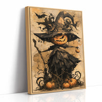 Her Lantern Face Keeps Watch, a witch in a tall pointed hat with a jack o lantern face, draped in a dark cloak with bats and curling vines, on a warm amber parchment ground, painted in ochre, charcoal and burnt orange, as a framed canvas in a natural wood frame