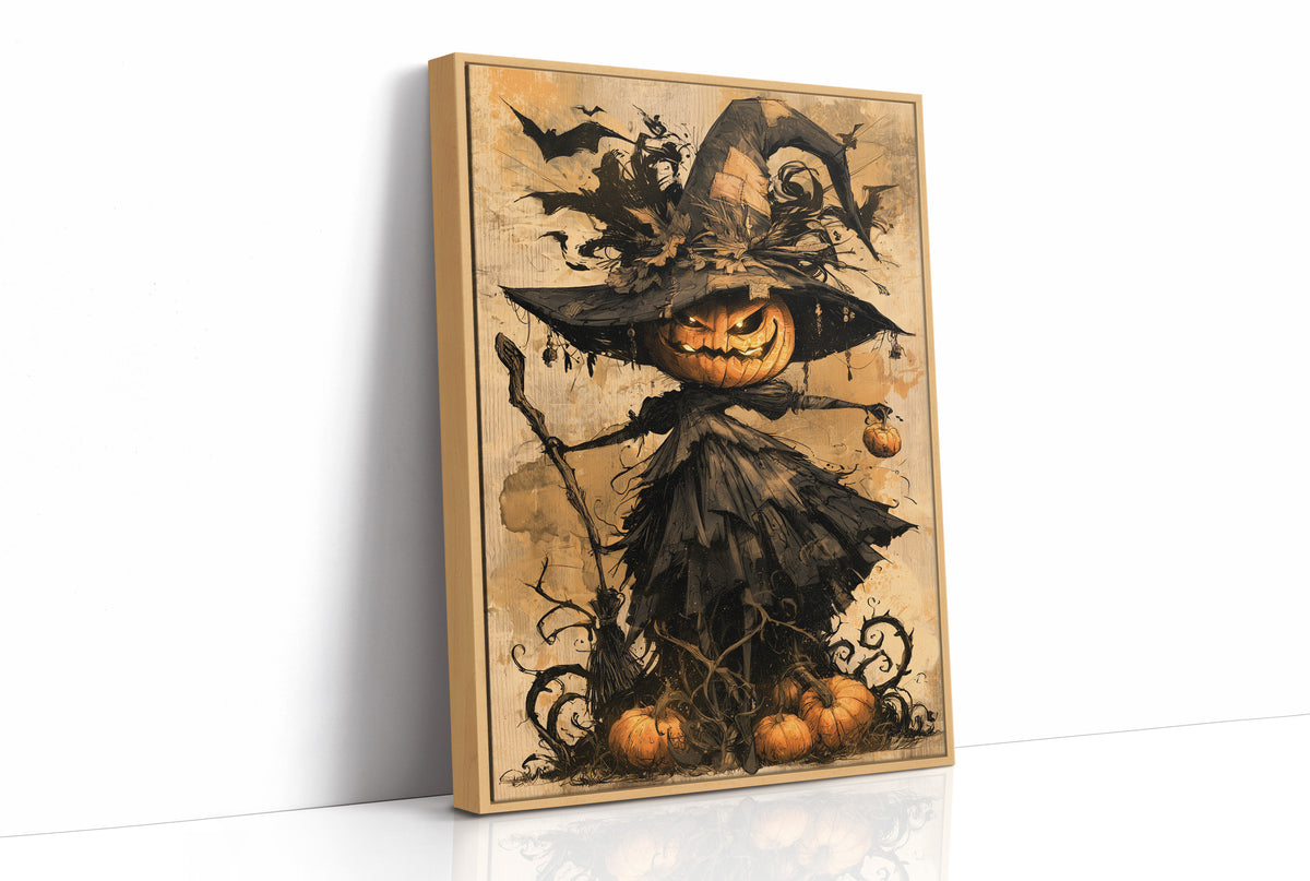 Her Lantern Face Keeps Watch, a witch in a tall pointed hat with a jack o lantern face, draped in a dark cloak with bats and curling vines, on a warm amber parchment ground, painted in ochre, charcoal and burnt orange, as a framed canvas in a natural wood frame