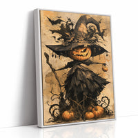 Her Lantern Face Keeps Watch, a witch in a tall pointed hat with a jack o lantern face, draped in a dark cloak with bats and curling vines, on a warm amber parchment ground, painted in ochre, charcoal and burnt orange, as a framed canvas in a white frame