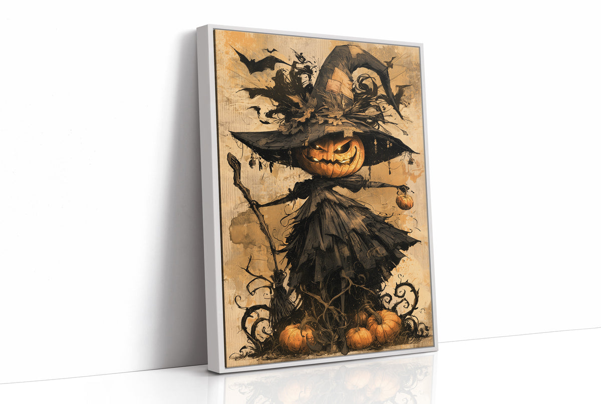 Her Lantern Face Keeps Watch, a witch in a tall pointed hat with a jack o lantern face, draped in a dark cloak with bats and curling vines, on a warm amber parchment ground, painted in ochre, charcoal and burnt orange, as a framed canvas in a white frame