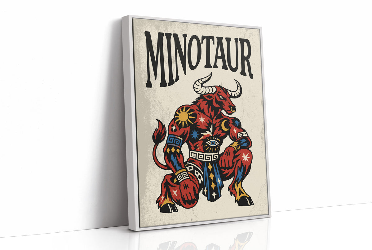 Horns in the Labyrinth, a red and patterned minotaur seated with a braced stance and a horned head, painted in bold black outlines on a cream paper ground beneath bold black lettering, in a traditional tattoo flash style, as a framed canvas in a white frame