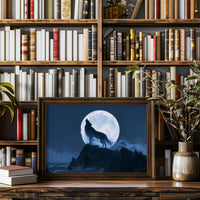 Howling at a Borrowed Moon, wolf howling from a rocky ledge under a full silver moon in deep blue night painting, in a wood frame on a bookshelf wall beside a vase of olive branches