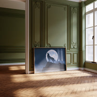 Howling at a Borrowed Moon, wolf howling from a rocky ledge under a full silver moon in deep blue night painting, leaning on a herringbone floor in a green paneled room with tall windows