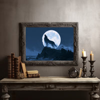 Howling at a Borrowed Moon, wolf howling from a rocky ledge under a full silver moon in deep blue night painting, in a dark carved frame on a gray wall above a console table with candlesticks and old books
