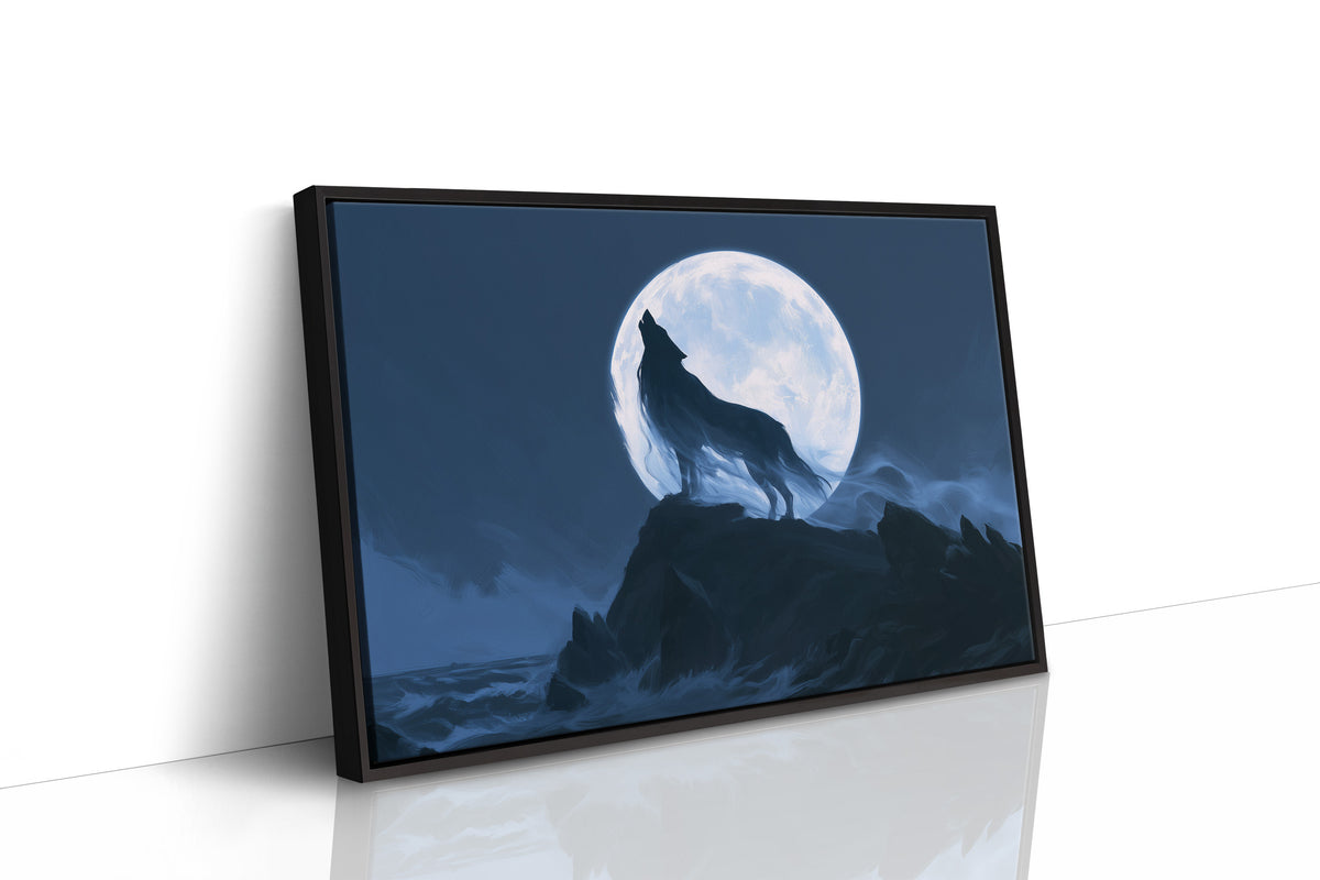 Howling at a Borrowed Moon, wolf howling from a rocky ledge under a full silver moon in deep blue night painting, as a framed canvas in a black frame