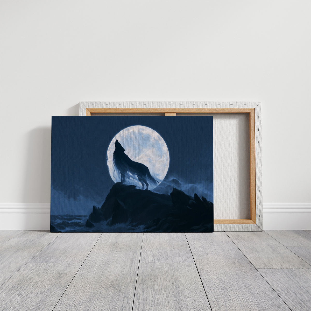 Howling at a Borrowed Moon, wolf howling from a rocky ledge under a full silver moon in deep blue night painting, on a gallery canvas with wrapped edges leaning against a white wall