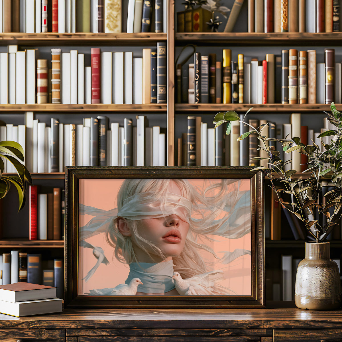 Hush of Silk and Sky, a veiled woman with a white silk scarf over her eyes and a dove at her shoulder, painted in peach, dusty blue and cream, in a wood frame on a bookshelf wall beside a vase of olive branches