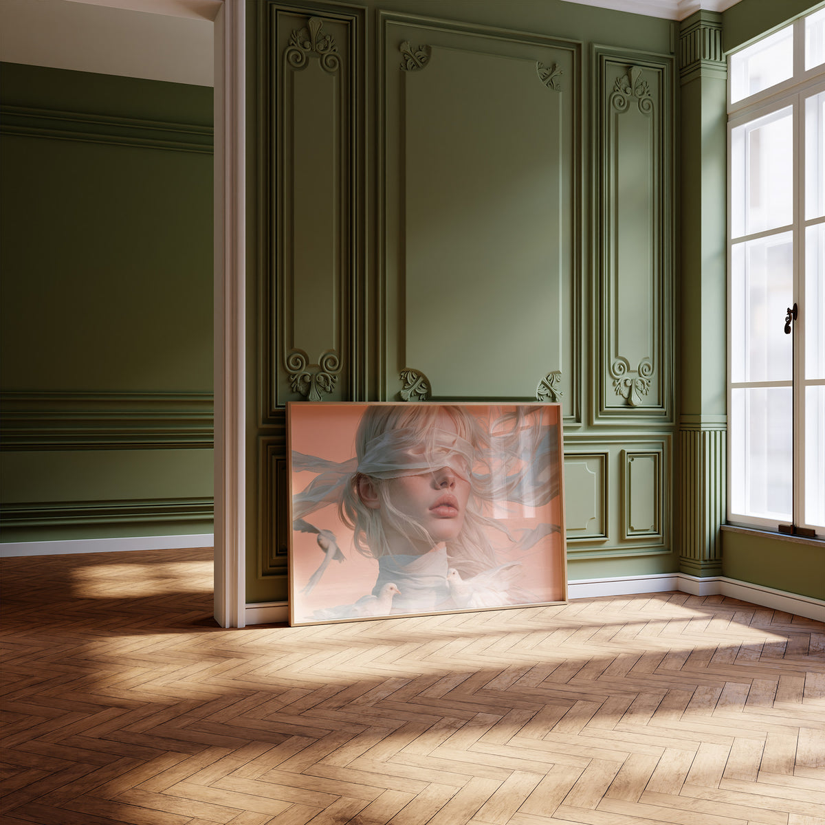 Hush of Silk and Sky, a veiled woman with a white silk scarf over her eyes and a dove at her shoulder, painted in peach, dusty blue and cream, leaning on a herringbone floor in a green paneled room with tall windows